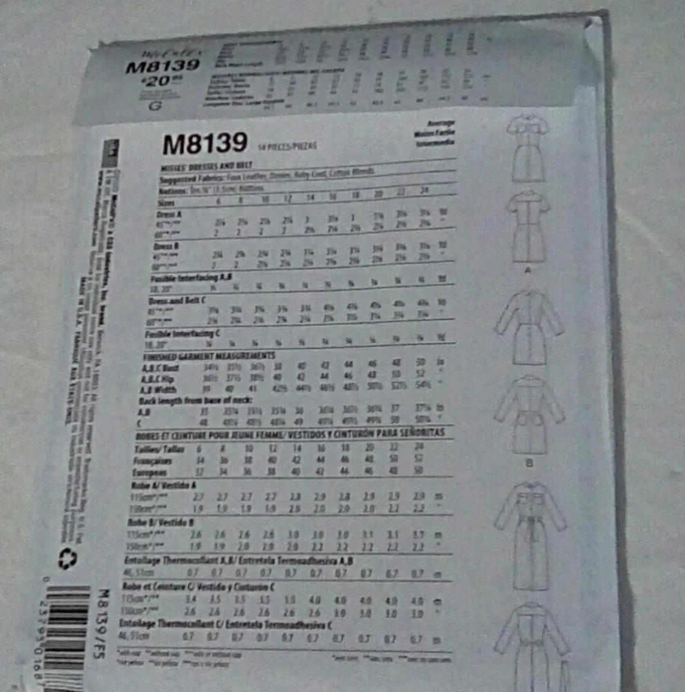 McCall's M8139 misses' dresses and belt. Size 16-24